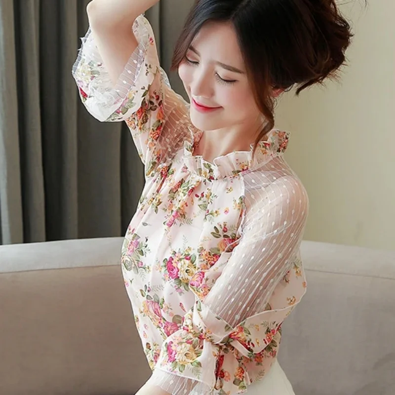 New Summer Chiffon Women Blouse Office Lady Elegant Floral Print Tops Fashion Short Sleeve Shirt Lace Mesh Clothes