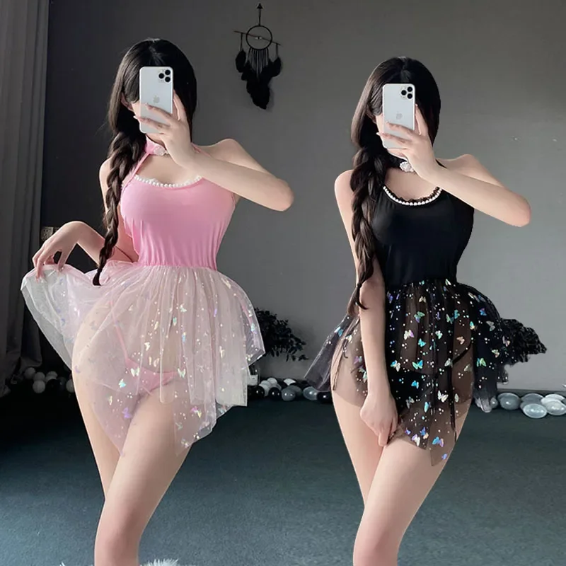 

Sexy Lingerie Female Mesh Skirt with Butterfly Sequined Lolita Dress Exotic Costumes Princess Night Club Passion Wear Women Girl