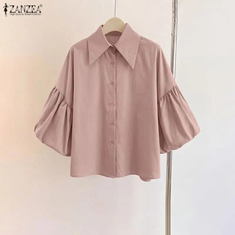 

Женские рубашки ZANZEA в стиле кэжуал-шик с отложным воротником, рукавами-фонариками 3/4, на пуговицах, свободного кроя, однотонные, летние блузки.
