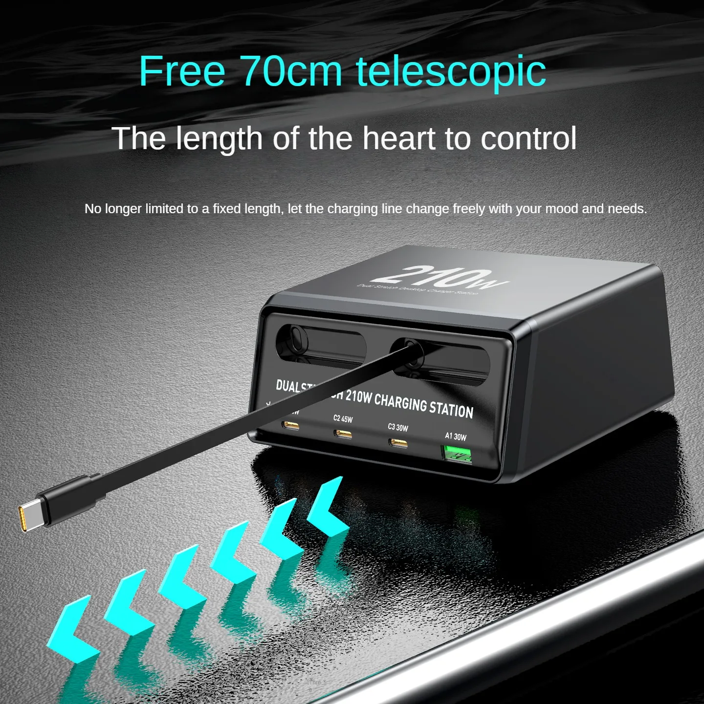 

Dualstretch 6-in-1 Charging Station with Retractable Cables 210W Power Hub for Fast Charging of Multiple Devices For Phones