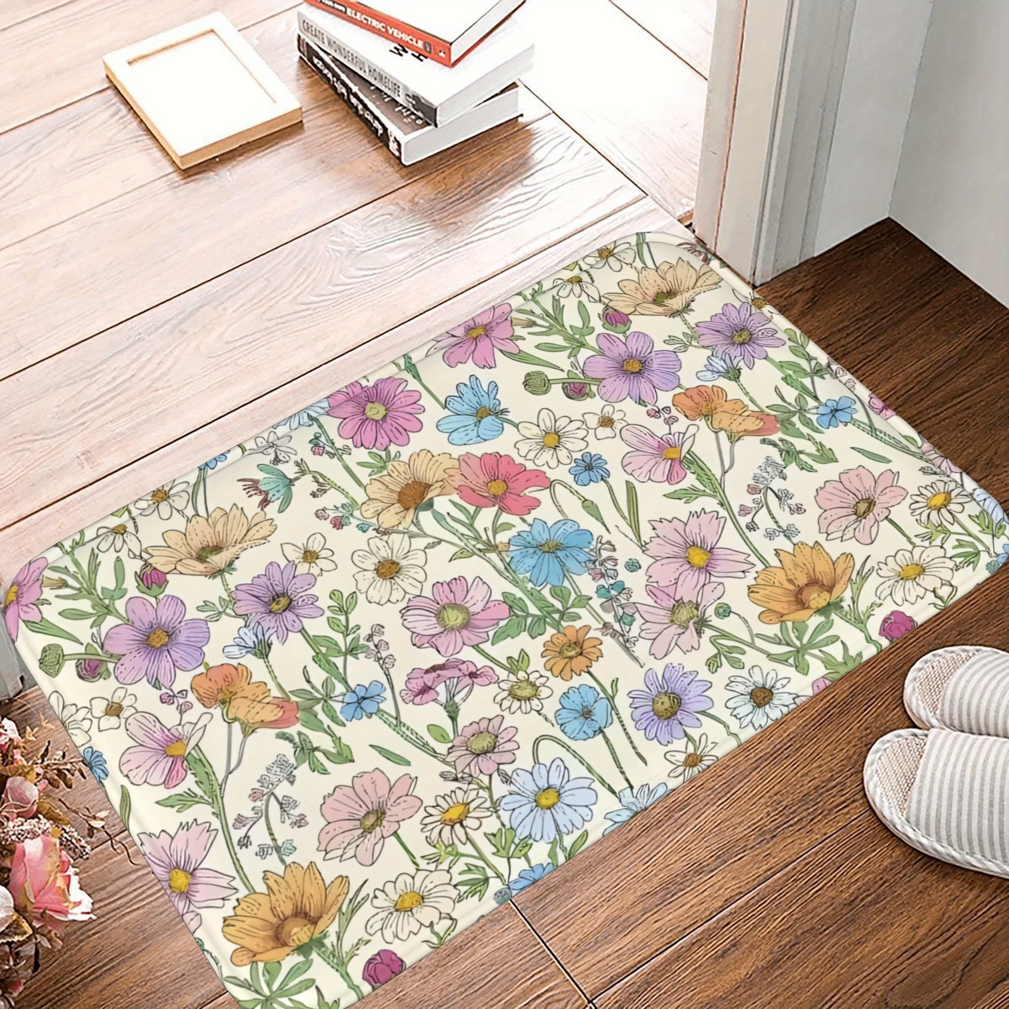 

1PC Flowers Pattern Kitchen Rug Non-Slip Door Mat Pop design Bathroom Rug Bath Mat Carpet for Home Sink Laundry Decoreeree
