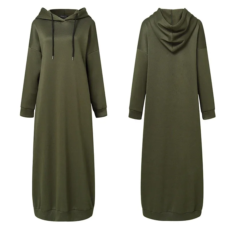 Women\'s Muslim Hoodie Solid Color Long Sleeve Casual Loose Dress Maxi Abaya Ghirba Dress Long Sweatshirt Vestidos Robe