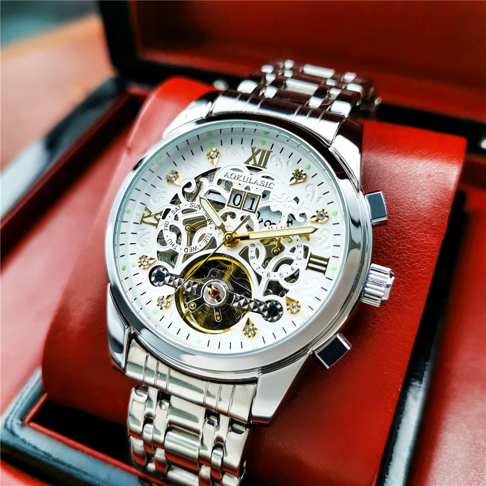Stainless Steel New Full Skeleton Day-Date Luminous Waterproof Self-Wind Automatic Mechanical Watch for Men