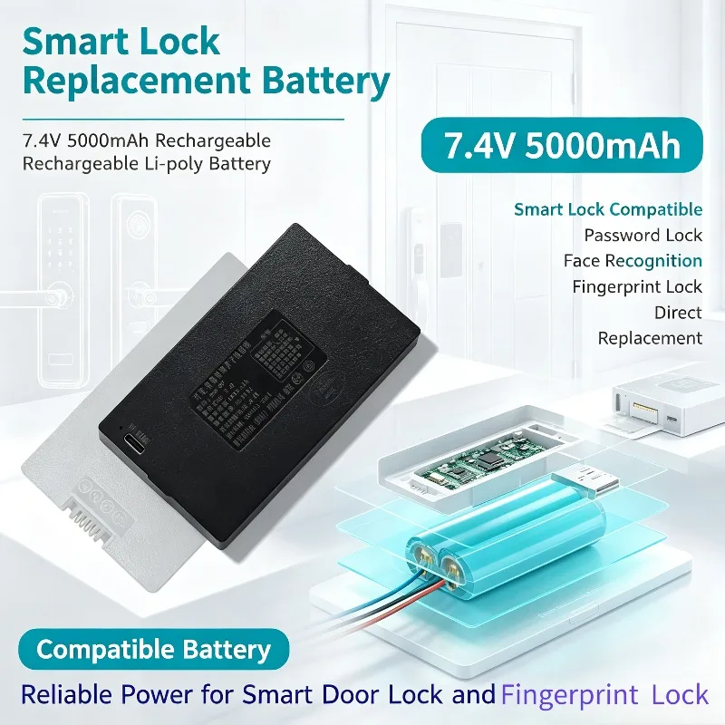7.4V 5000mAh Smart Door Lock Battery Rechargeable Lithium Polymer For Password Lock Face Fingerprint Recognition Lock