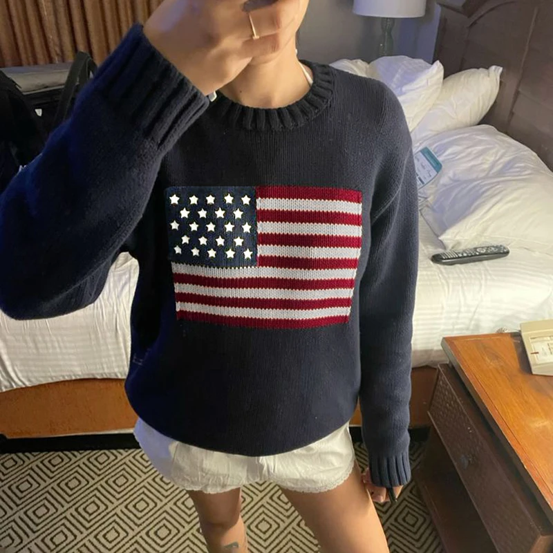 Rapcopter y2k Flag Print Sweaters Loose O Neck Full Sleeve Jumpers Autumn Winter Harajuku Casual Knitwear Pullovers Vintage 90s