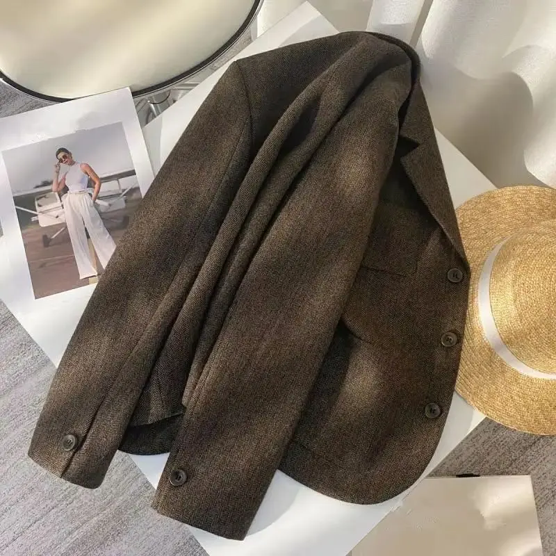 Korean Fashion Woolen Suit Herringbone Pattern Jacket 2025 Autumn New Retro Design Casual Temperament Coat Female Clothing