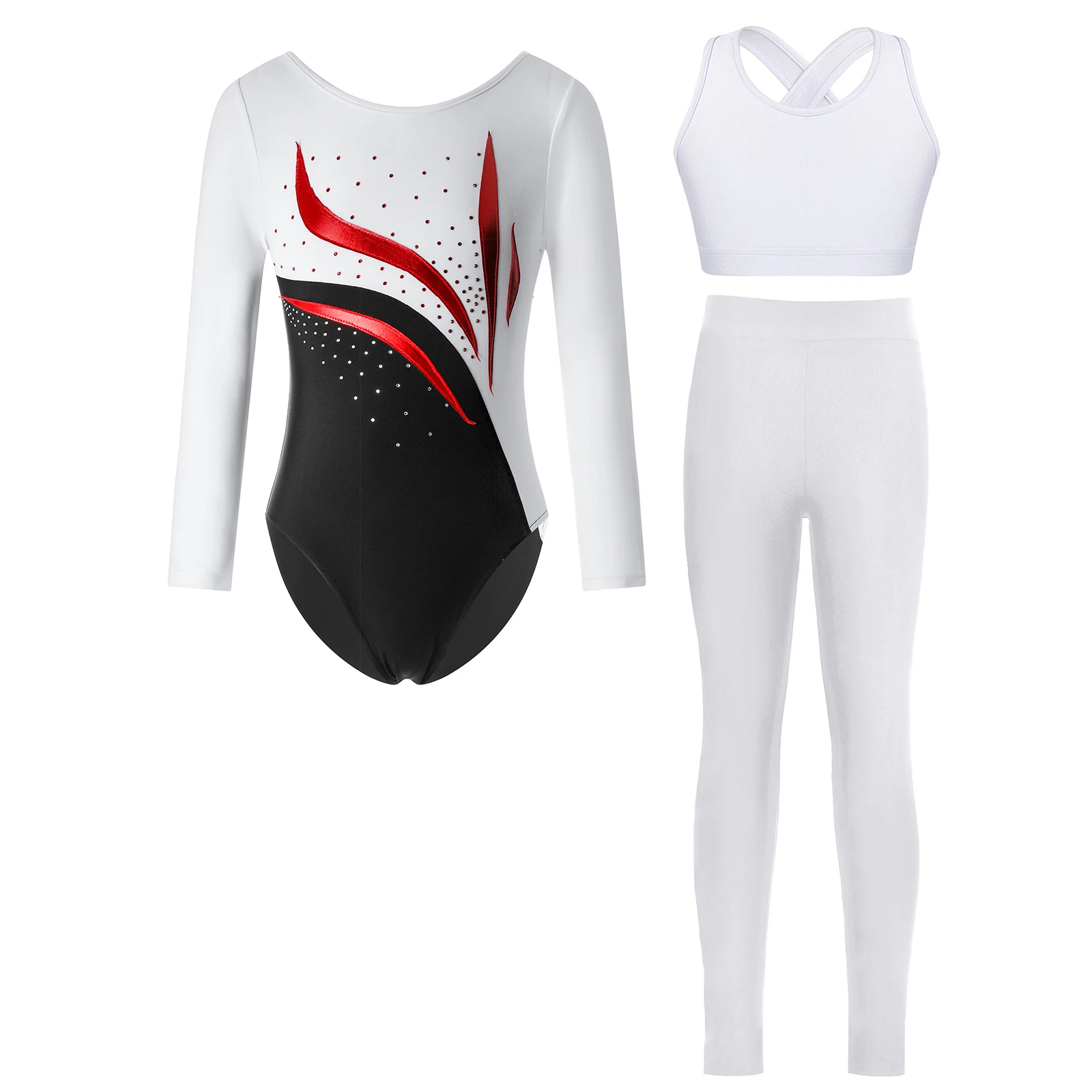 

Kids Girls Gymnastics Figure Skating Dance Outfit Set Long Sleeve Shiny Rhinestone Leotard+Cross Cutout Back Vest Top+Leggings