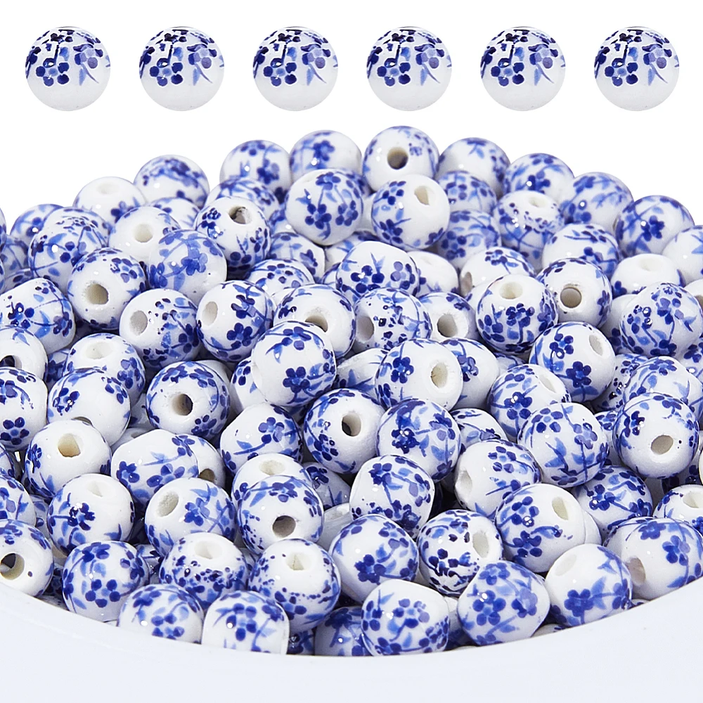 240Pcs Round Ceramic Bead 6mm Blue Flower Bead Handmade Porcelain Spacer Beads Printed Flower Loose Beads for DIY Jewelry Making