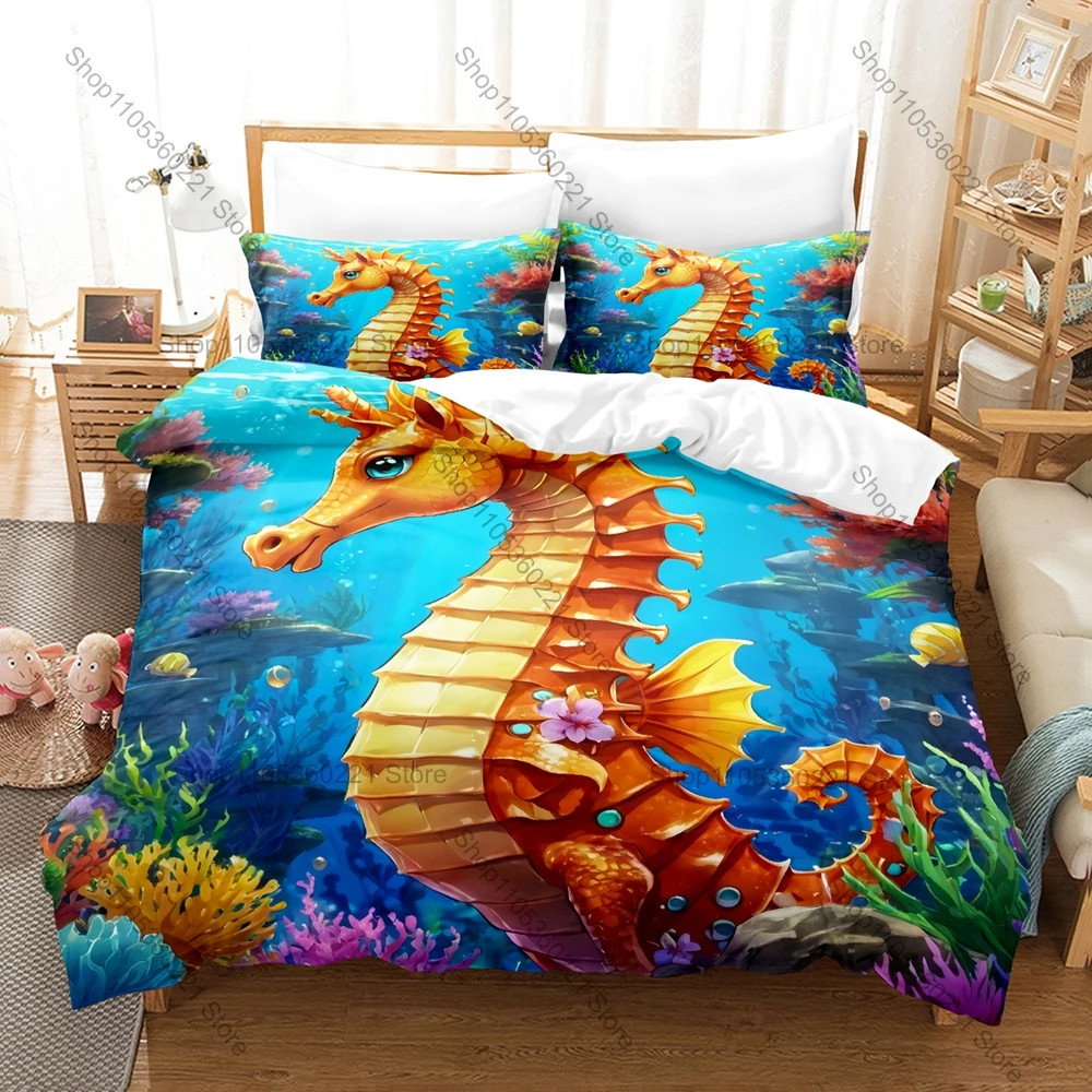 

Kawaii Cartoon Seahorse Three Piece Bedding Set Luxury Comforter Set with Queen King Size Cool Two household goods camas de dorm
