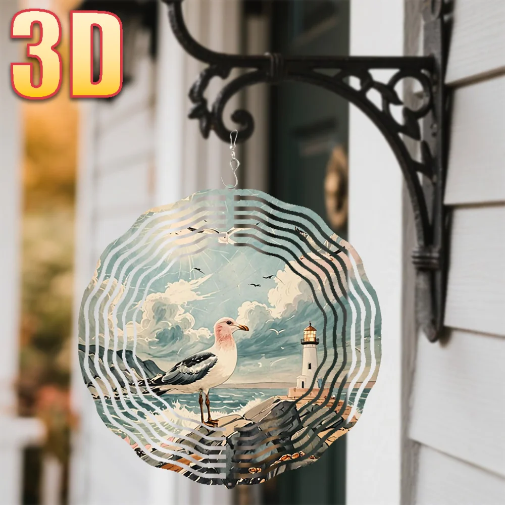 3D Seagull Lighthouse Ocean Wind Spinner - 10 Inch Metal Art with 360 Swivel Hook for Garden Patio Outdoor Decor Gift