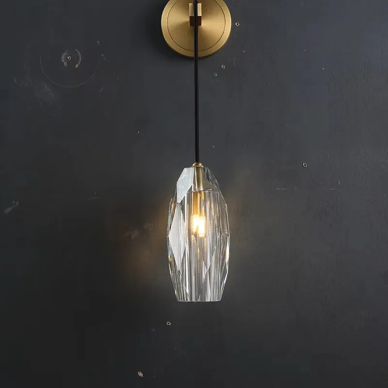 Simple Brass Gold LED Wall Lamp Single Ended Faceted K9 Crystal Shade 2700K Soft Warm White E12 Base Luxury Home Decor