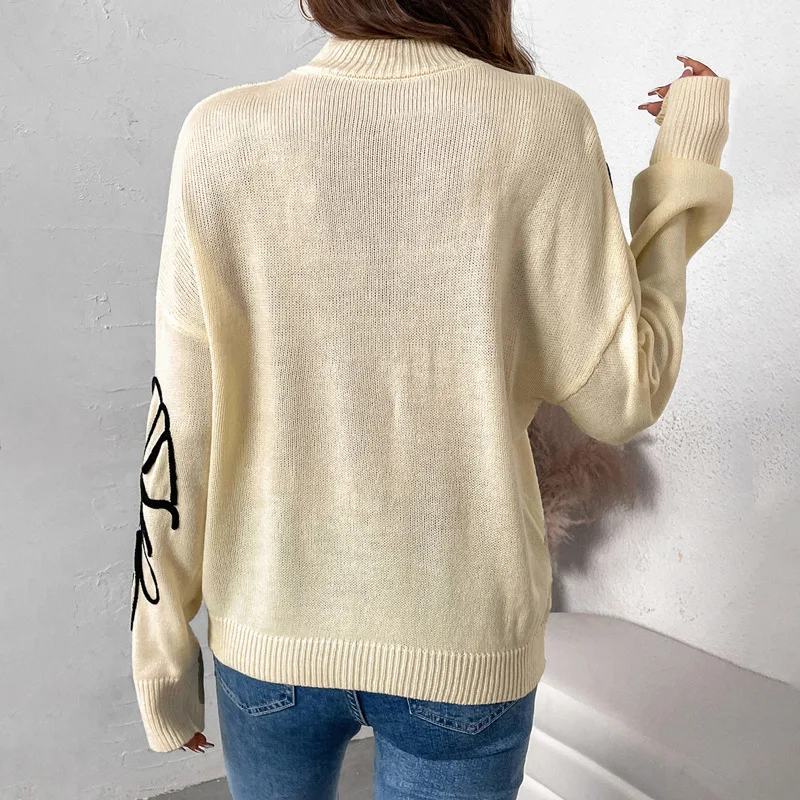 Women's Half High Collar Long Sleeve Casual Trendy Apricot Simple Basic Loose Flower Knitted Sweater Pullovers Female Clothes