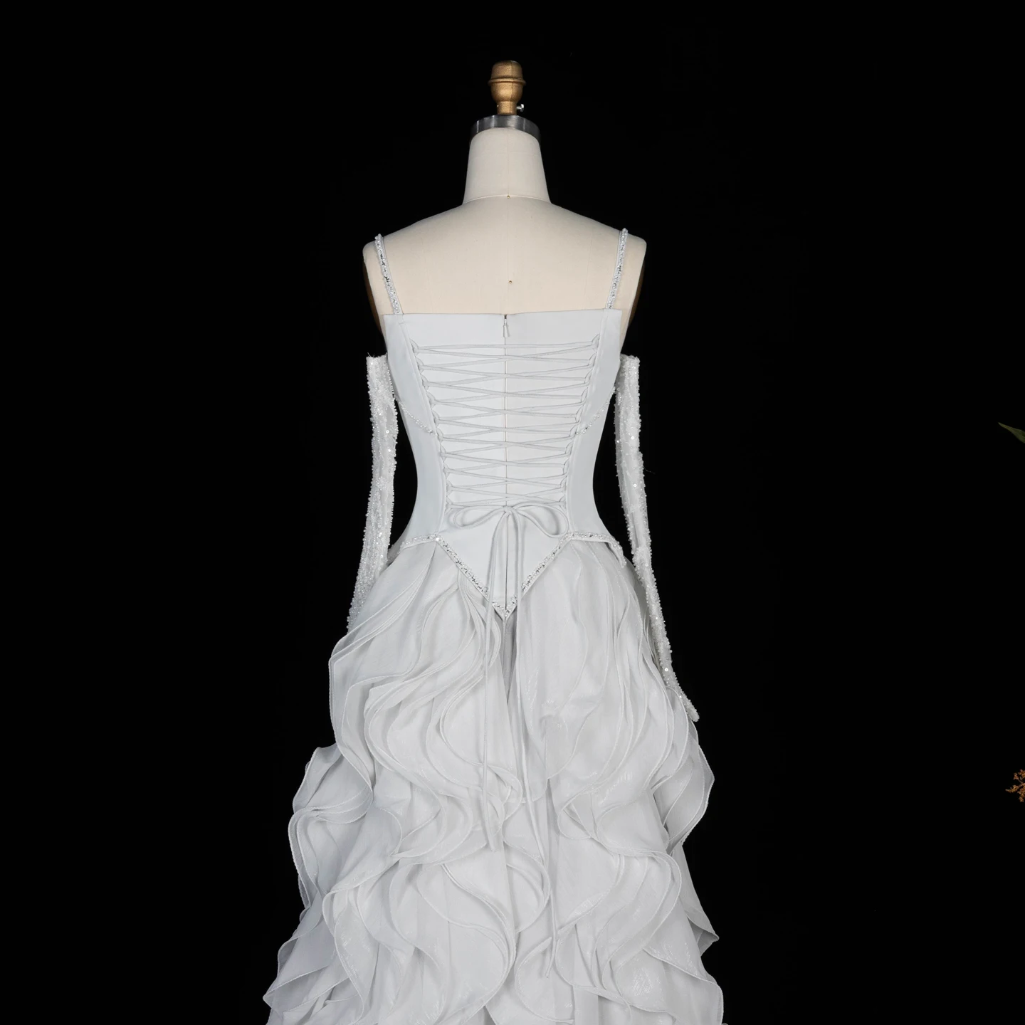 Sharon Said Luxuriöses graues Abendkleid mit Spaghettiträgern, Korsett-Oberteil, gerüschtem Chiffon, für formelle Anlässe, Partykleider SS672, maßgeschneidert – Detail 15