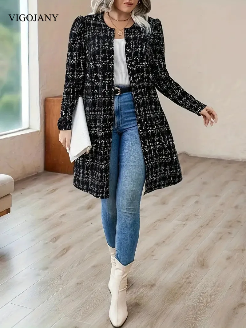 VigoJany 2025 Winter Plaid Plus Size Coat Women Casual O-Neck Large Long Sleeve Outwear Ladies Chubby Open Stitch Curvy Clothes