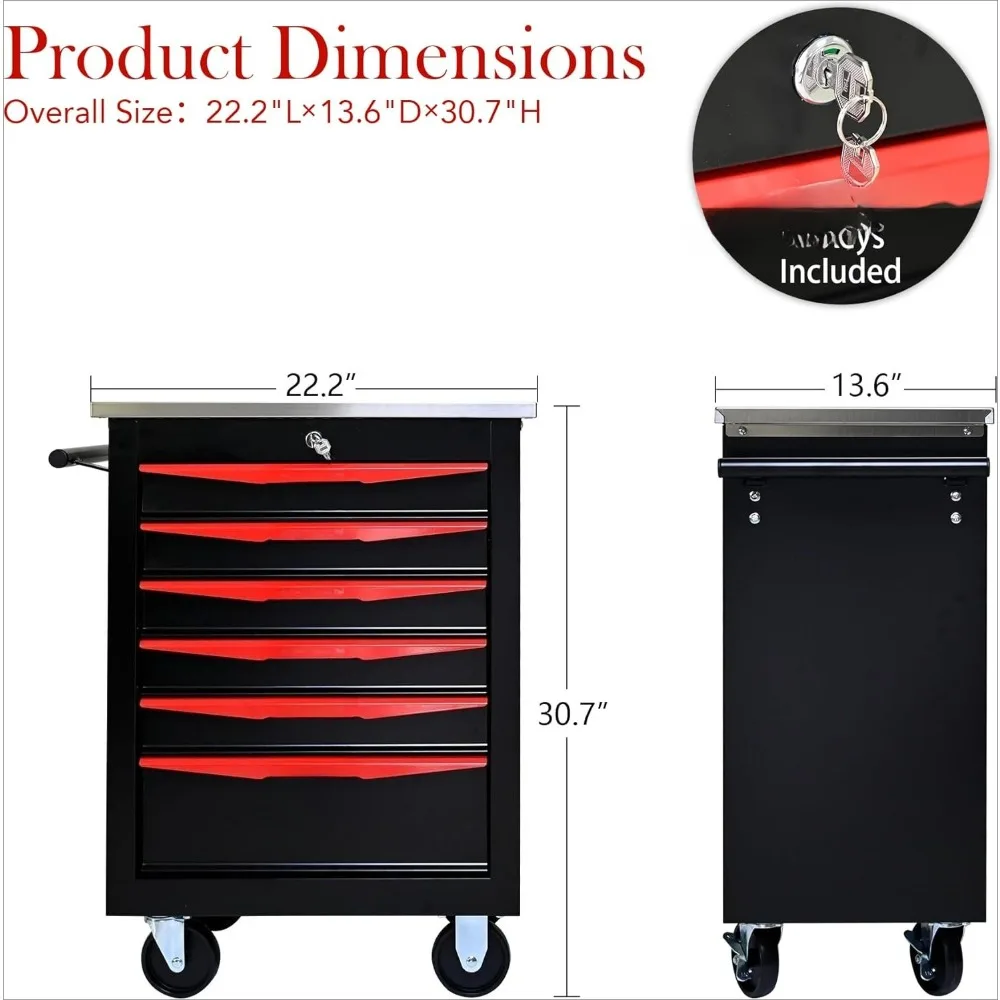 6-Drawer Multifunctional Stainless Steel Rolling Tool Cart with Wheels, Heavy-Duty Metal Storage Cabinet and Tool Box