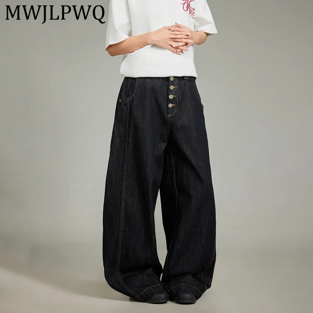 

MWJLPWQ American Retro Button Machete Jeans For Men High Street Loose Denim Wide-Leg Pants Floor-Length Trousers 2026 New 13608