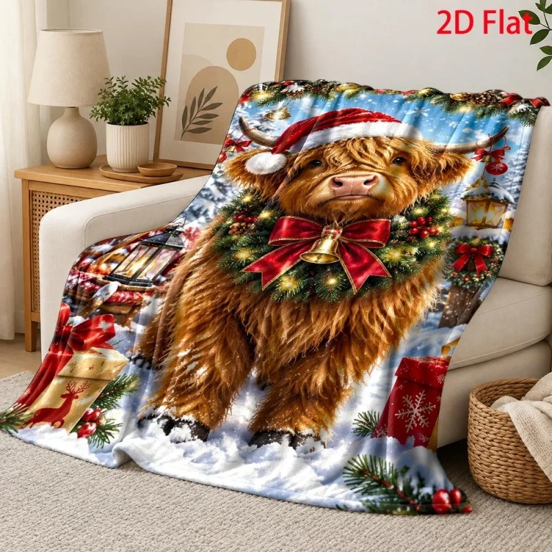 Highland Cow Wreath Gift Snowy Print Throw Blanket, Vintage Home Textile for Christmas Decor