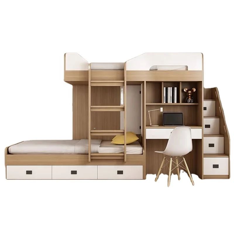 Manufacturer Cheap Price Inventory Stock White Wooden Wardrobe Storage Child Children Bed Kids Bunk Bed With Stair