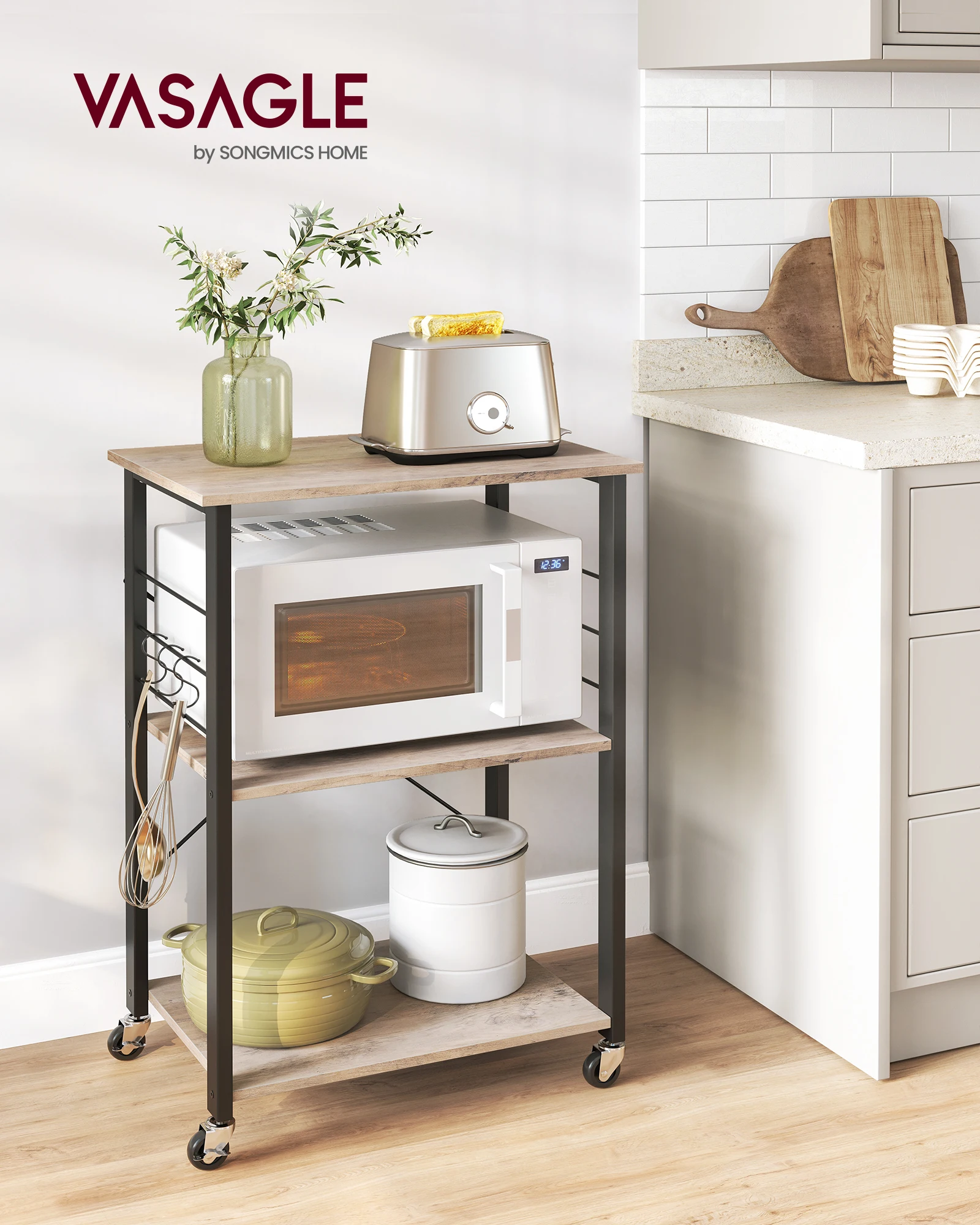 VASAGLE Kitchen Shelf on Wheels, Serving Cart with 3 Shelves, Kitchen Cart, Microwave Shelf, for Mini Oven, Toaster