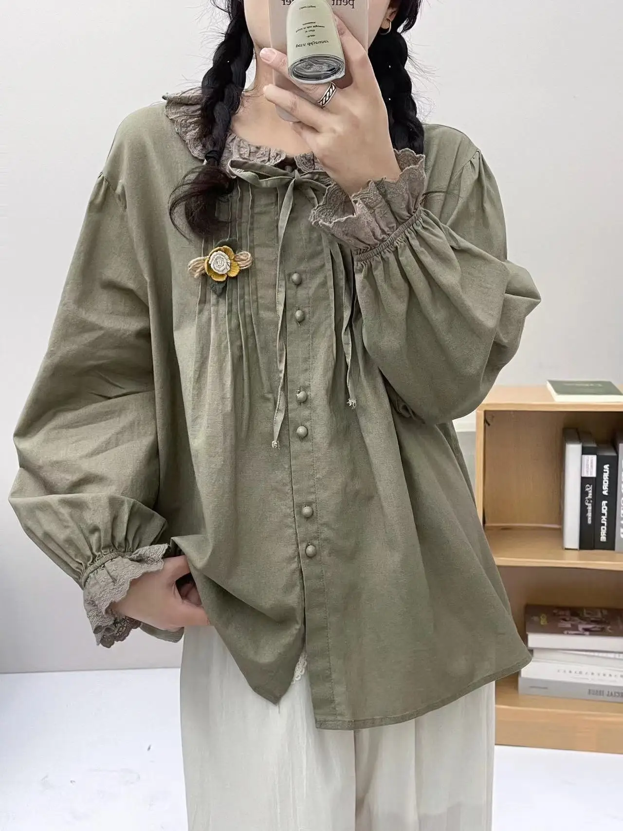 New Summer Cotton Long Sleeve Shirt, Woman Folds Ruffles Tops, Mori Girl Sweet Casual Loose OL Blouses, 2024  Autumn T47697QC