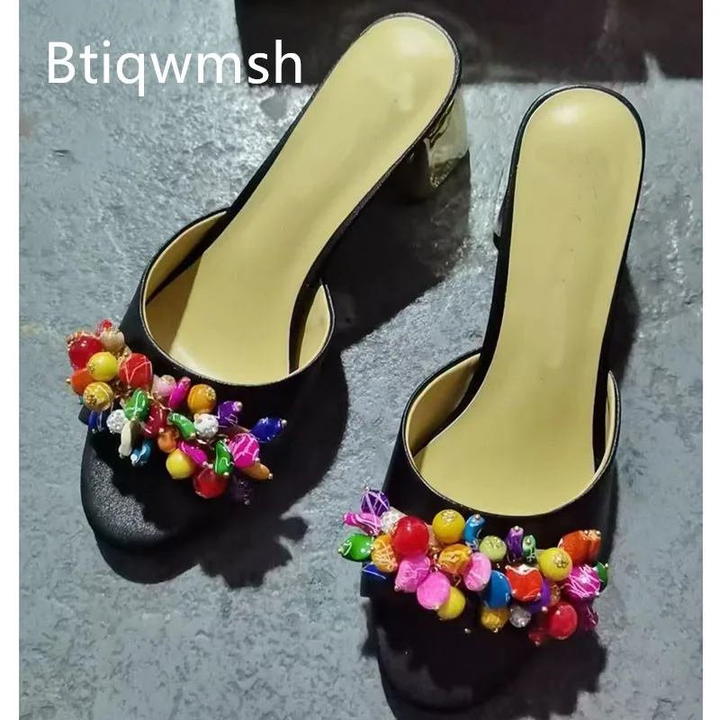 

Mixed Color Pearl Rhinestone Sandals Woman Open Toe Gold Chunky High Heels Shoes Lady Sexy Mullers Slippers