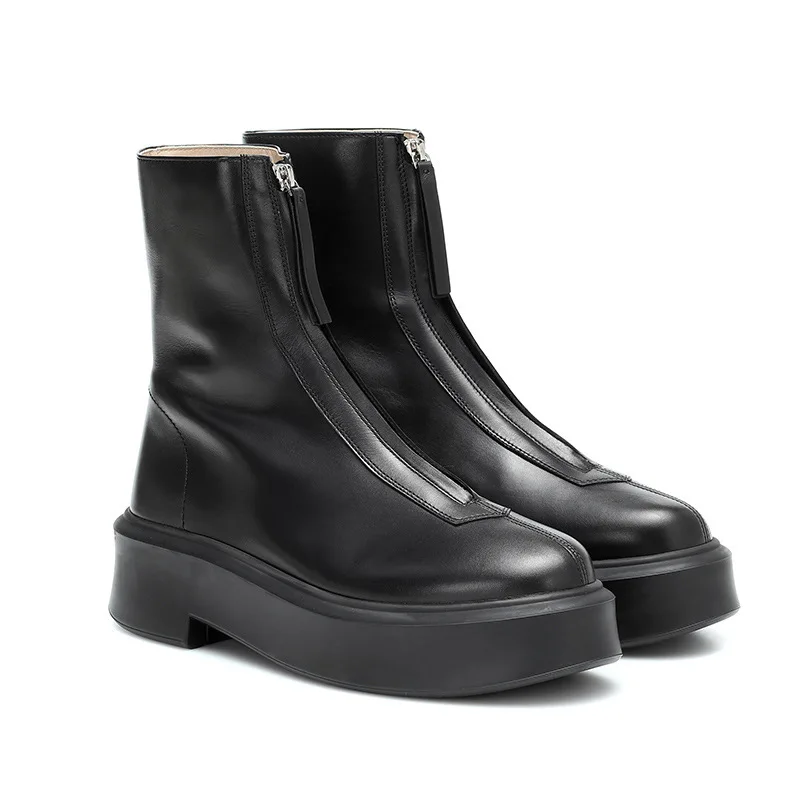 new  Autumn winter new female boot front zipper boot round head thick heel lift British style slimming boot motorcycle