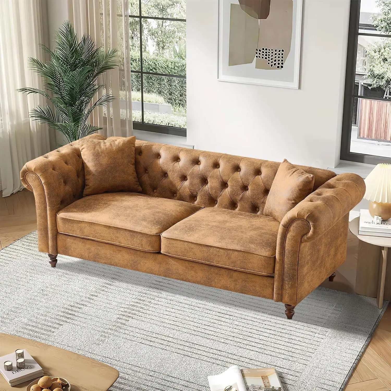 Mid Century Modern 3-Seater Chesterfield Faux Leather Sofa 83