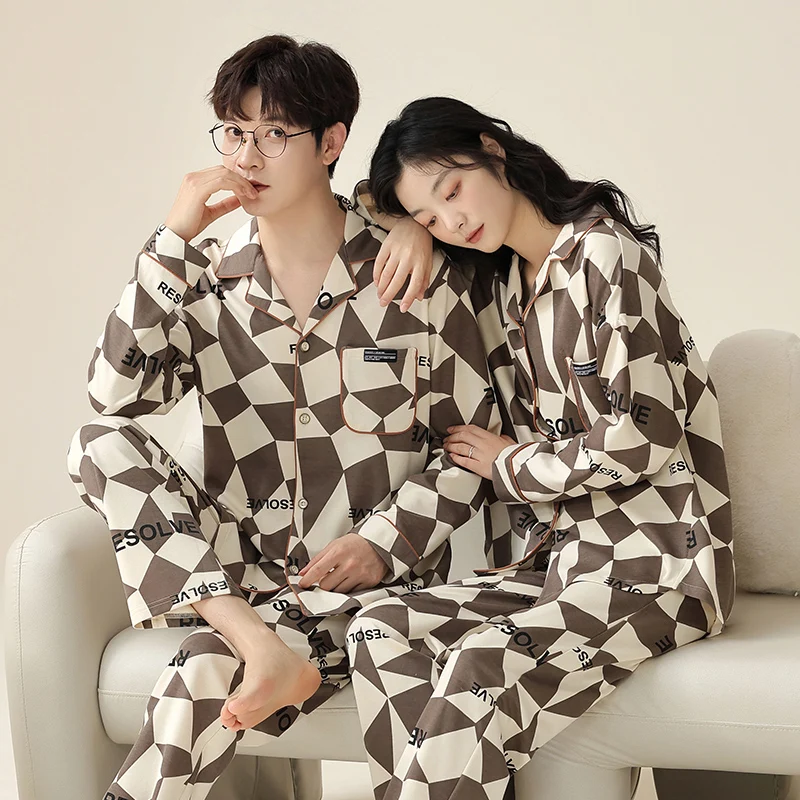 Spring and Autumn Cotton Couple Pajamas Cardigan Geometric Pattern Fashion Men and Women Autumn and Winter Home Furnishings