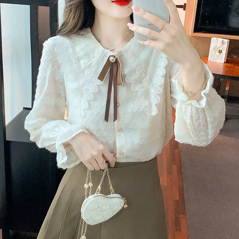 Women Stylish Vintage Lace Patchwork Sweet Shirts Elegant Chic Bow Solid Blouses Autumn Winter Casual Long Sleeve Fleece Tops