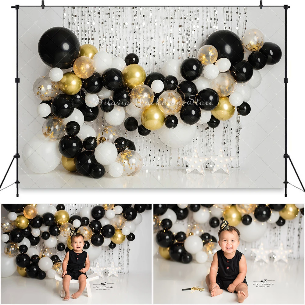 

New Years Cheers Photo Background Children Birthday Cake Smash Photography Backdrop Black Gold Balloon Decor Photo Studio Props