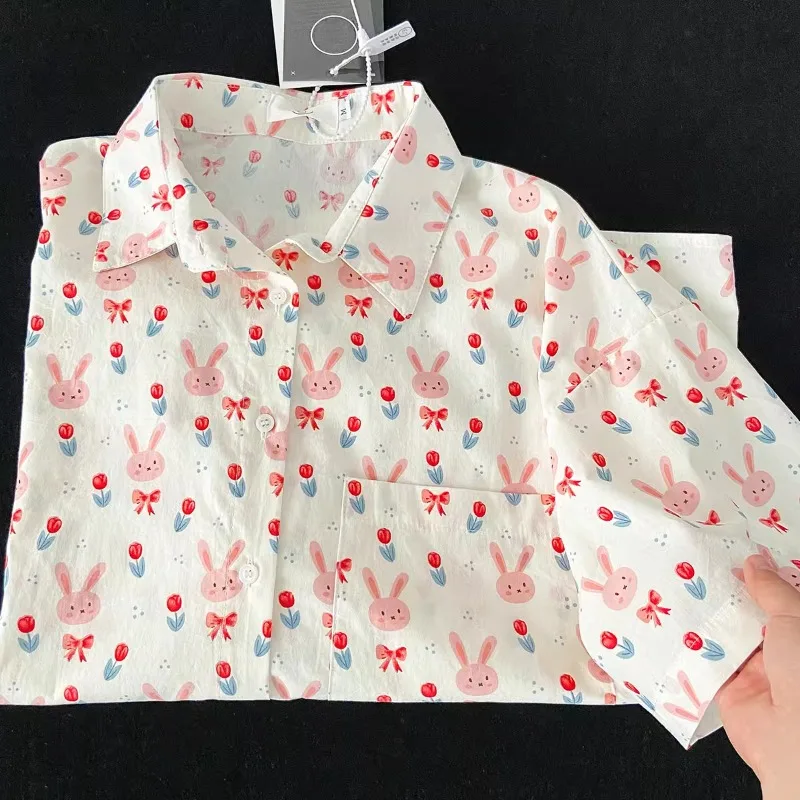 EBAIHUI French Sweet Rabbit Printed Women Shirt Summer Loose and Cute Short Sleeved Ladies Blouse Unique Sunscreen Cardigan Top