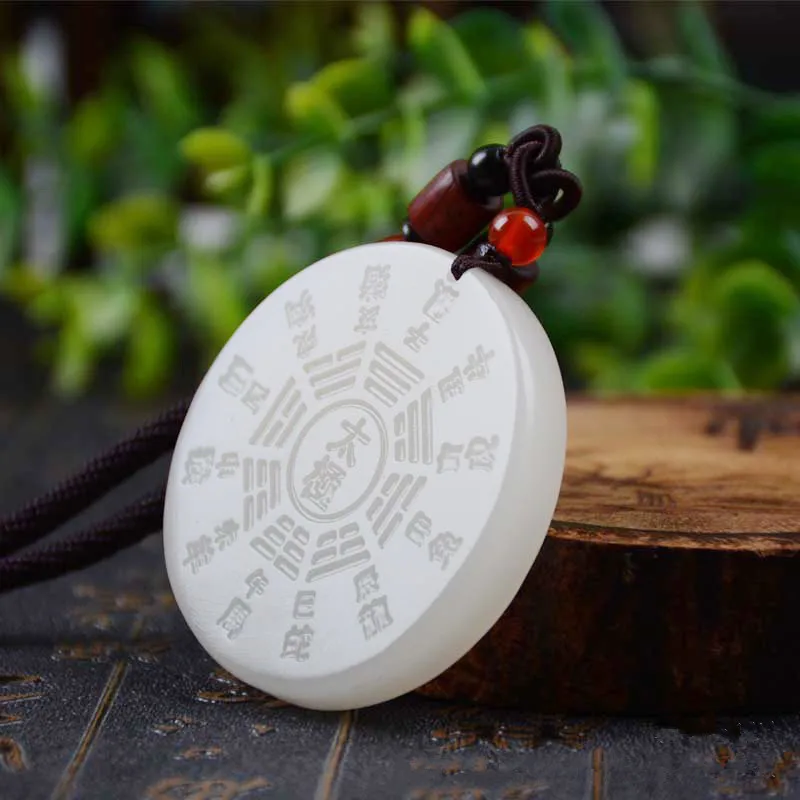 

Natural White Handmade Carved Bagua Jade Pendant, Fashionable Boutique Jewelry, Men's and Women's Necklace