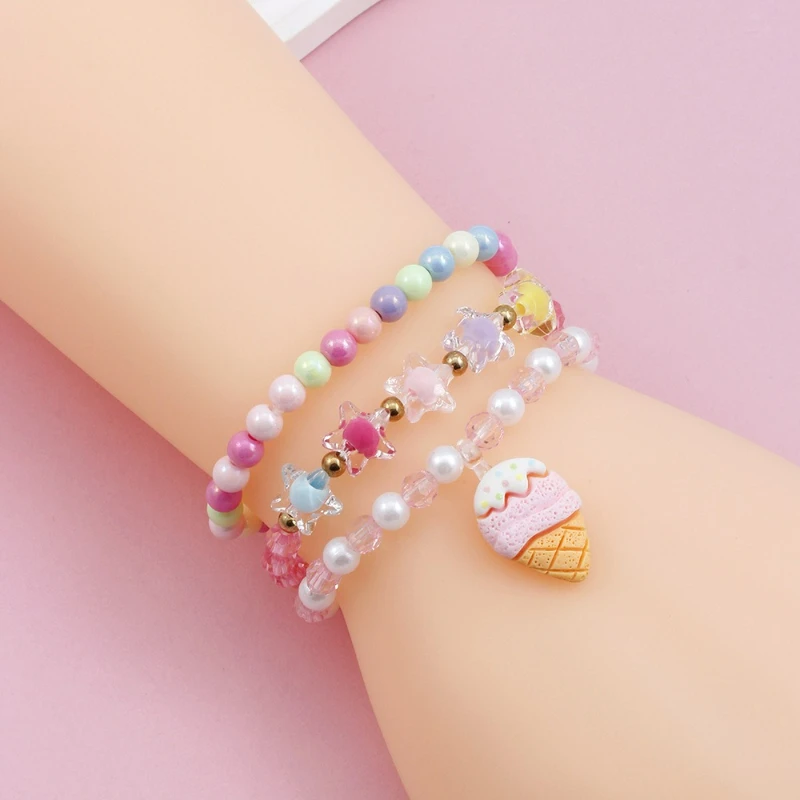 Hot-selling 3-piece Set of Children's Colorful Acrylic Ice Cream Bead Bracelets, Birthday Accessory Gift Box for Girls