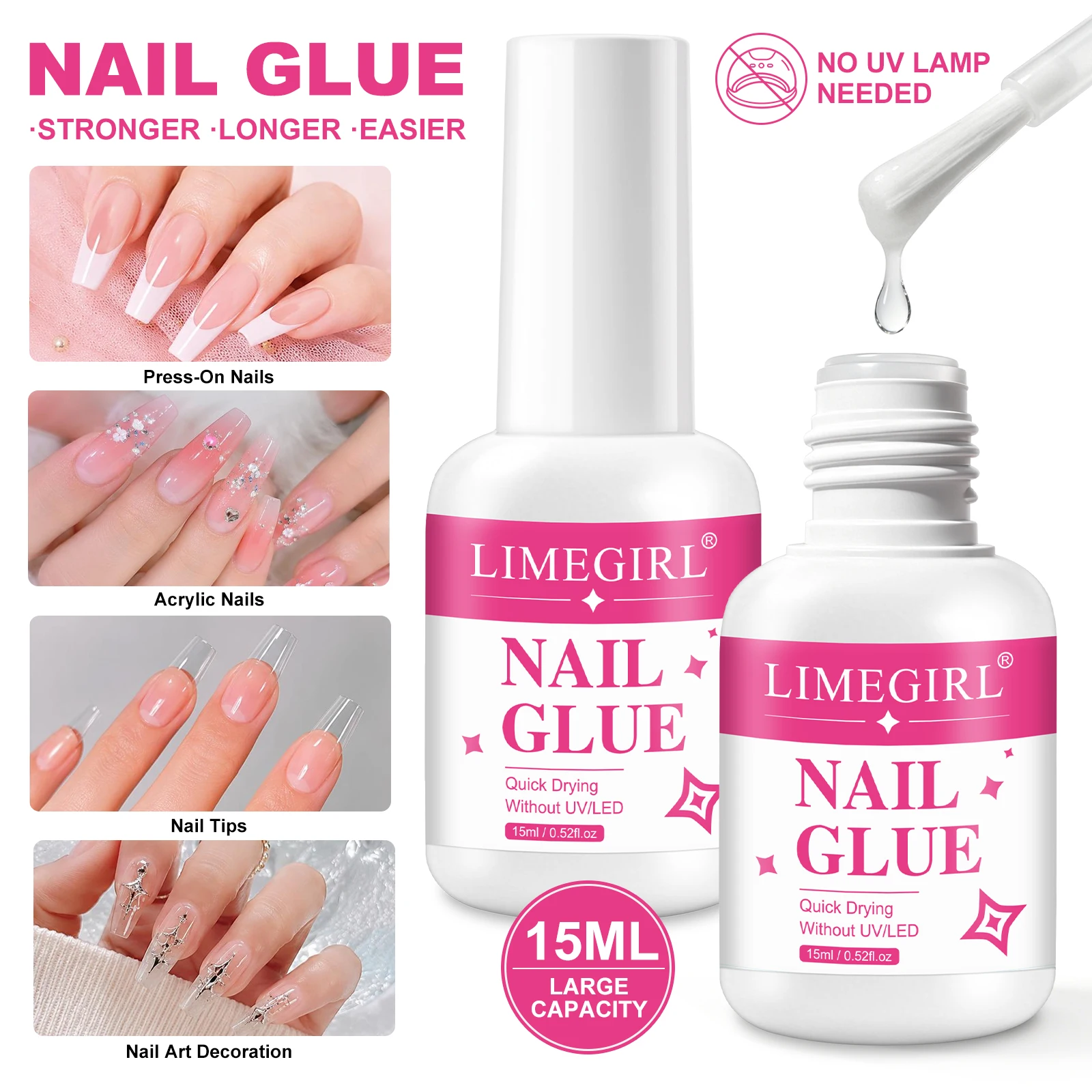 LIMEGIRL 15ml Quick Drying Nail Glue No Need for UV LED Glue Rhinestone Charms Acrylic Tips Bond Nail Repair Brush-on Nail Glue
