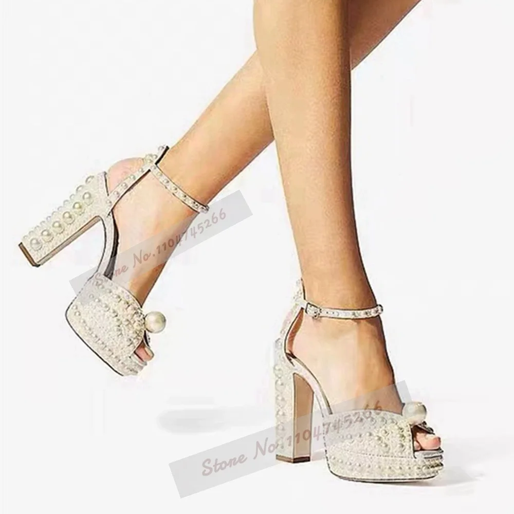 Big Small Full Pearl Chunky Heel Sandals Luxury Platform Beaded Glossy Wedding Dress Shoes Buckle Strap Open Toe Party Heels