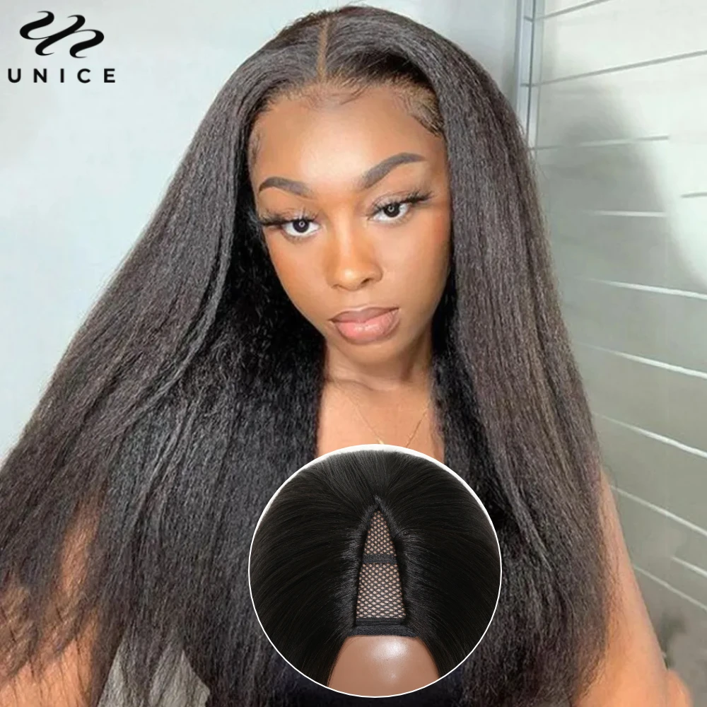 UNICE Hair Upgraded Drawstring Kinky Straight V Part Wig 100% Human Hair Wigs No Glue Easy Blend Beginner Friendly 150% Density