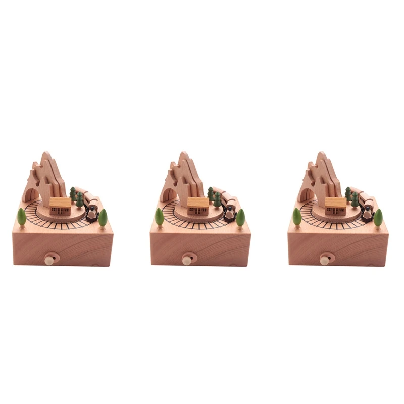 

3X Wooden Musical Box Featuring Mountain Tunnel With Small Moving Magnetic Train Plays