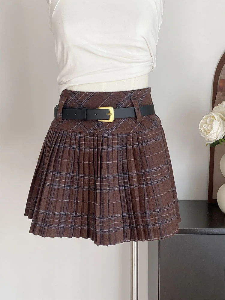 American Vintage Plaid Skirts Women High Waist Pleated Skirt With Belt Harajuku Streetwear Japanese Preppy Style Chic Elegant