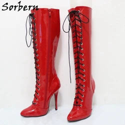 Sorbern Red Shiny 14cm Stilettos High Heel Unisex Boots Pointy Toes Zip Up Customized Shaft Length Cosplay Shoes For Sissy Boys