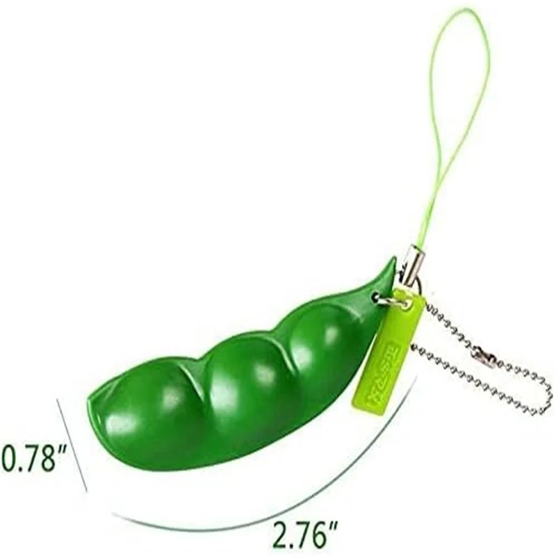 Zestaw 6 zabawek antystresowych typu fidget, ściskane fasolki sojowe, zabawne zawieszki, ekstrudowane edamame, koraliki do kluczy i telefonów komórkowych.