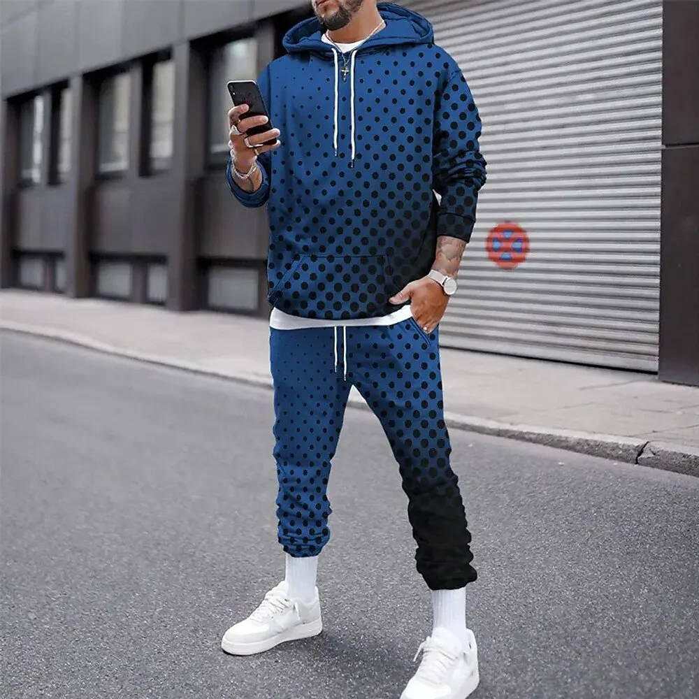 Grappige 3D Polka Dot Print Heren Hoodies Set Herfst Winter Casual Sweatshirt Joggingbroek 2-delige Mode Losse Straat Kleding Pak