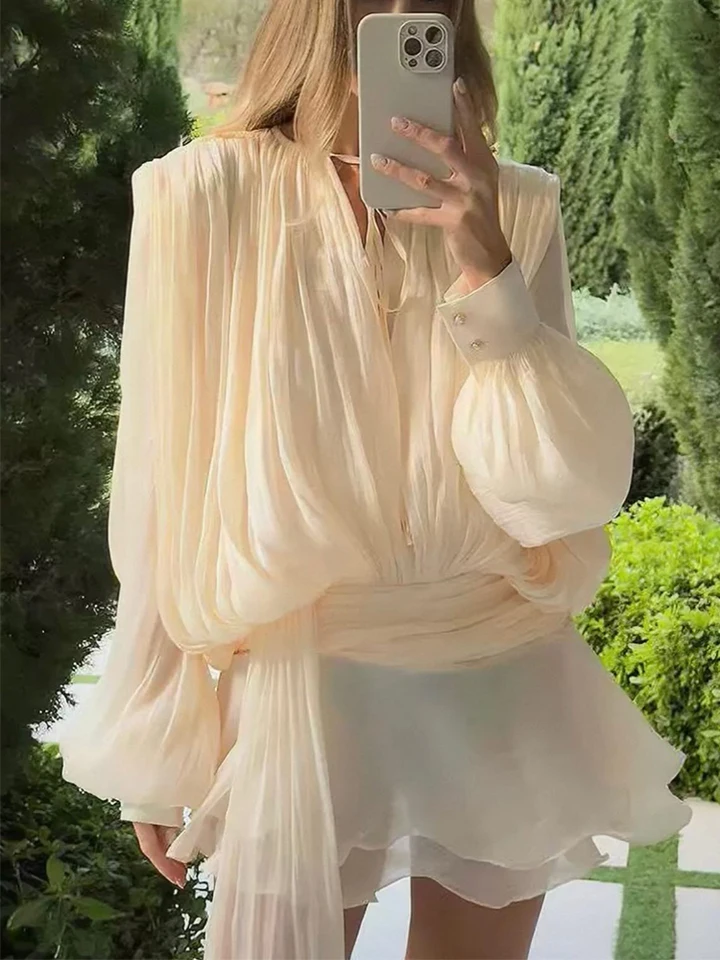 TWOTWINSTYLE Solid Blouse Mini Dresses For Women V Neck Long