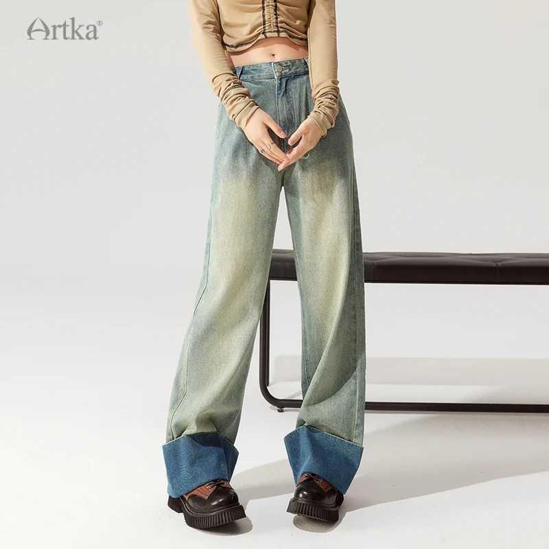 

ARTKA 2023 Autumn New Women Jeans Fashion Vintage High Waist Washed Jeans Loose Straight Wide Leg Edge Curl Denim Pants KN92332Q