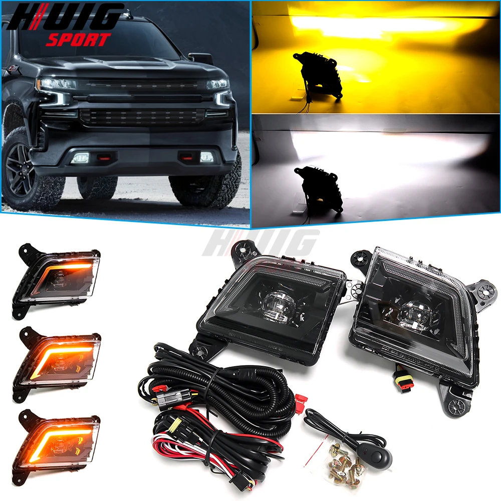 2Pcs LED Car Front Fog Light Dynamic Wateproof Turn Sigal Lamp Daytime Running Lamp Kit For Chevrolet Silverado 2019 2020-2023