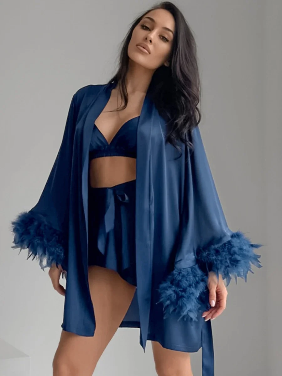 Mozuleva Autumn New Underwear Shorts Nightgown 3- Piece Set Simulated Silk Home Suit Feather Cuffs Sexy Pajama Sets For Women