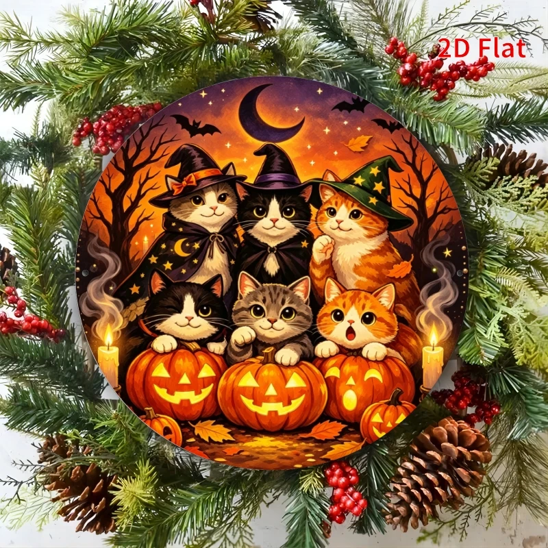 2D Flat, Decorative Sign 2D Flat, [2Dflat]1pcs 20x20cm- Halloween Round Metal Tin Sign, Cute Witch Cats Pumpkin Jack O Lantern N