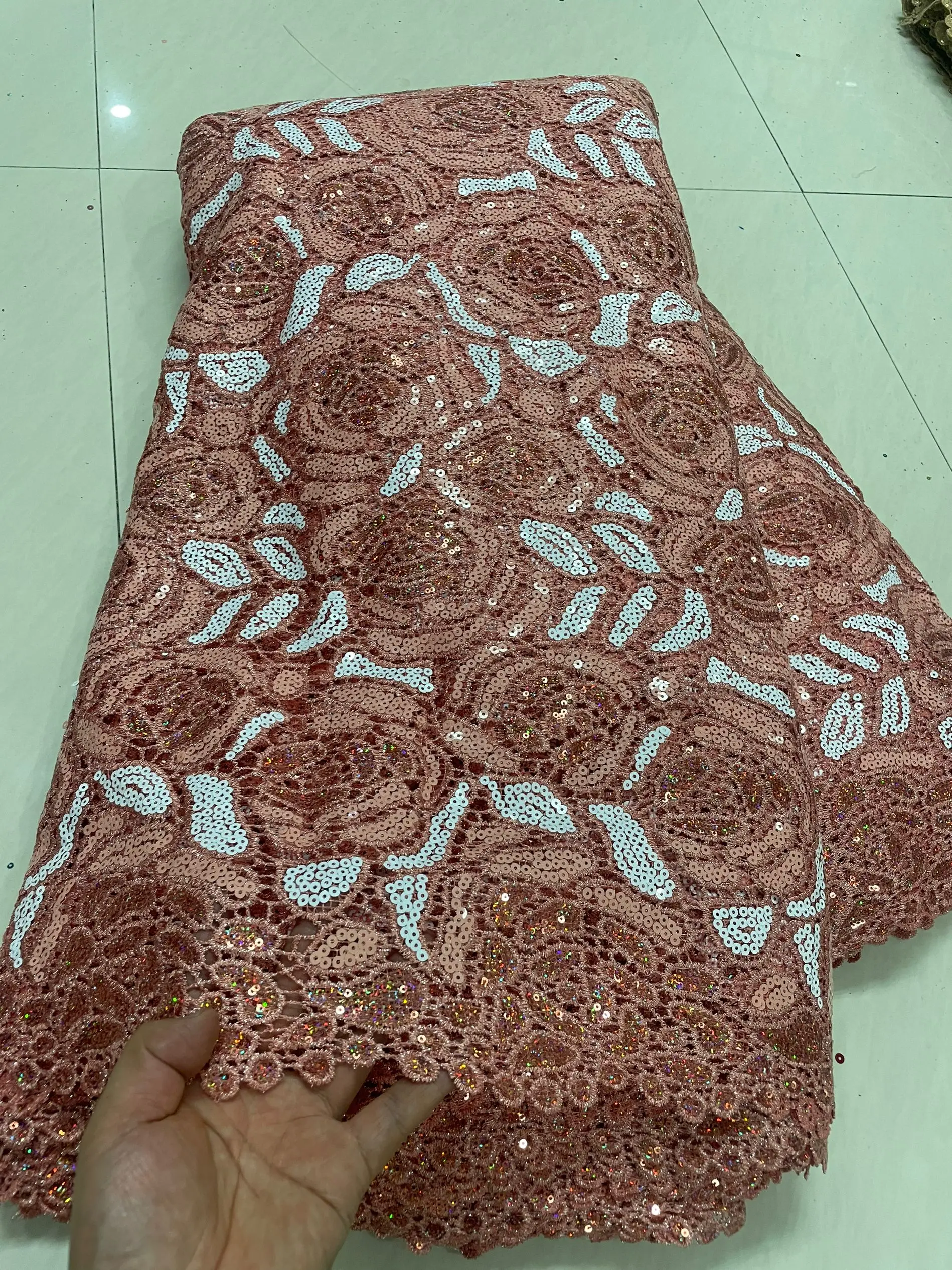 

Sequins African Guipure Lace Fabric 2025 High Quality Nigerian Water Solubl Lace Fabric For Women Prom Celebration Dresses