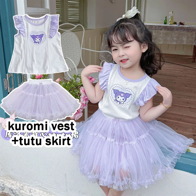 

Sanrio Girls Skirt Kuromi Hellokitty Summer New Cartoon Short Sleeve T-Shirt Top Princess Pompous Skirt Tutu Skirt 2-Piece Set