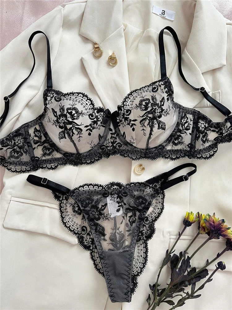 Sexy Bra Sets for Women Fancy Lingerie Lace Embroidery Fairy Seamless Underwear See Through Exotic Sets Floral Bra Brief Set