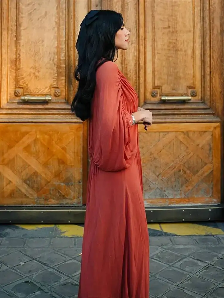 

Casual Pleated Women Dress Orange V-Neck Long Batwing Sleeve Patchwork Female Dresses 2025 Autumn Summer Party Lady Robe